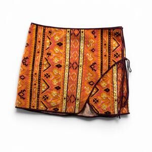 Free People Cleo Printed Wrap Skirt Boho Mini Orange - Size 8